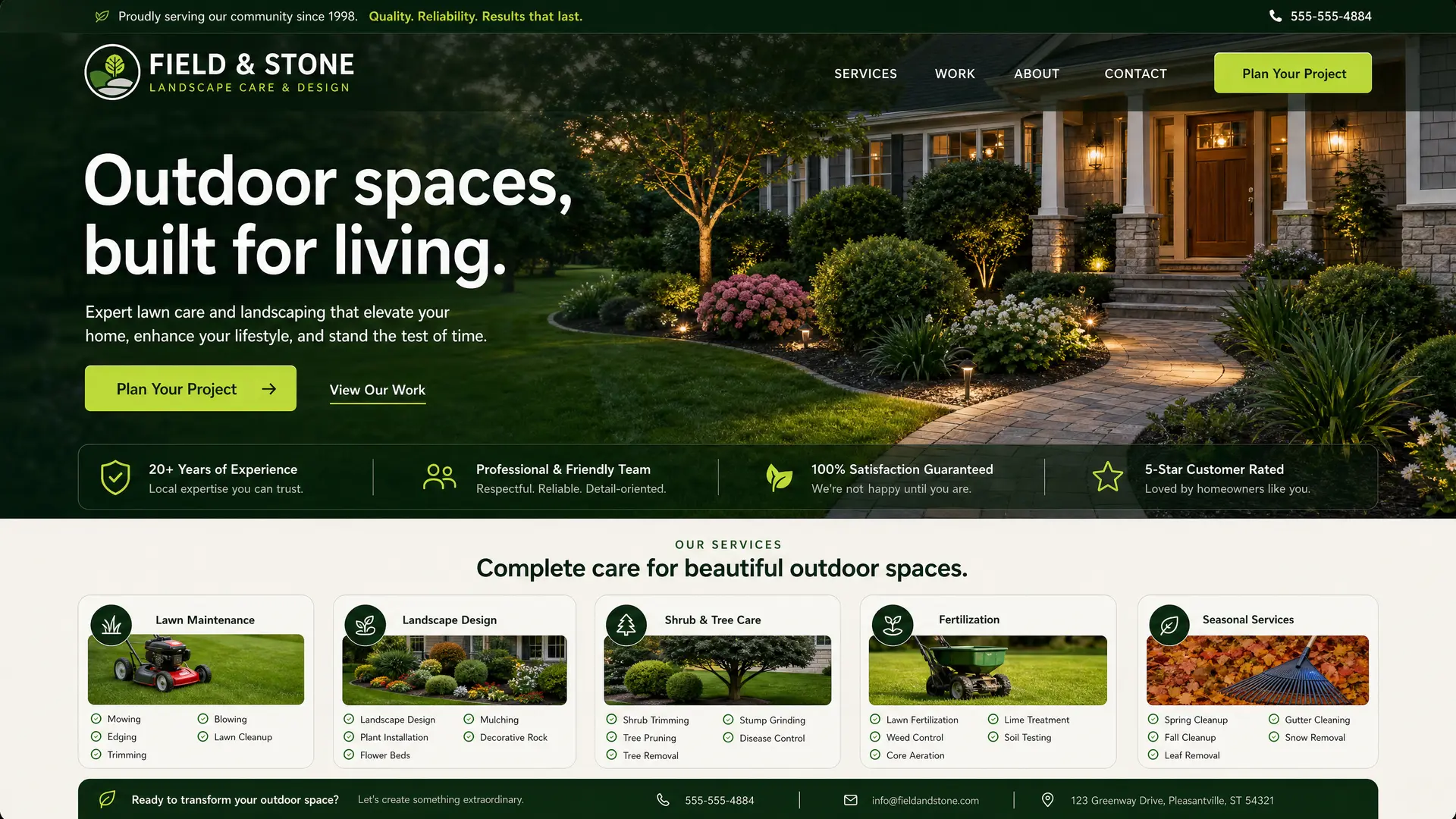 The same landscaping business website after a polished modern redesign